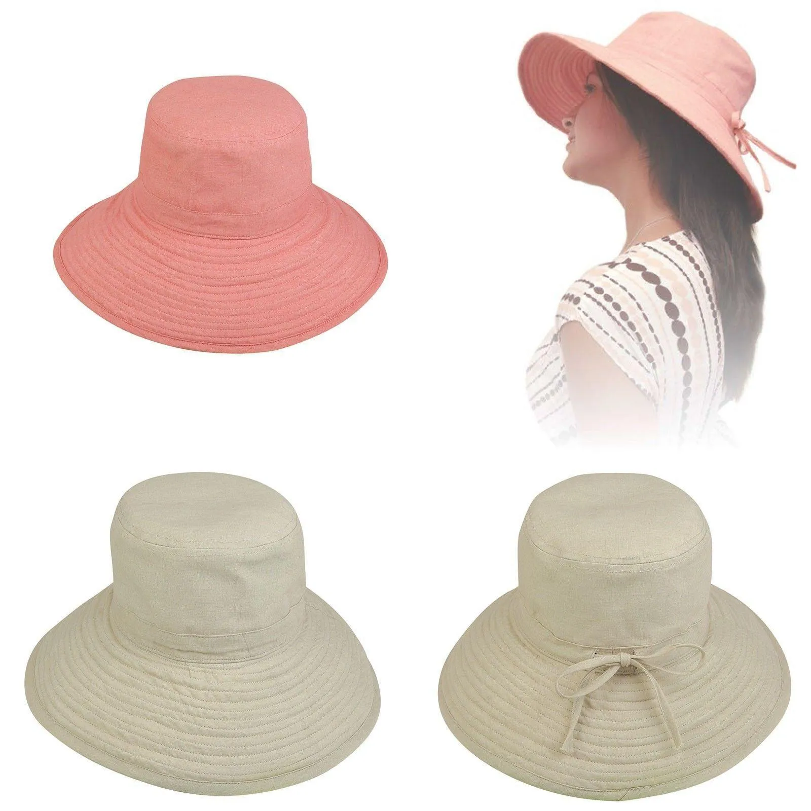 1 Dozen Sun Bucket Hats Caps Ramie Cotton Ribbon Ties Sand Salmon Wholesale