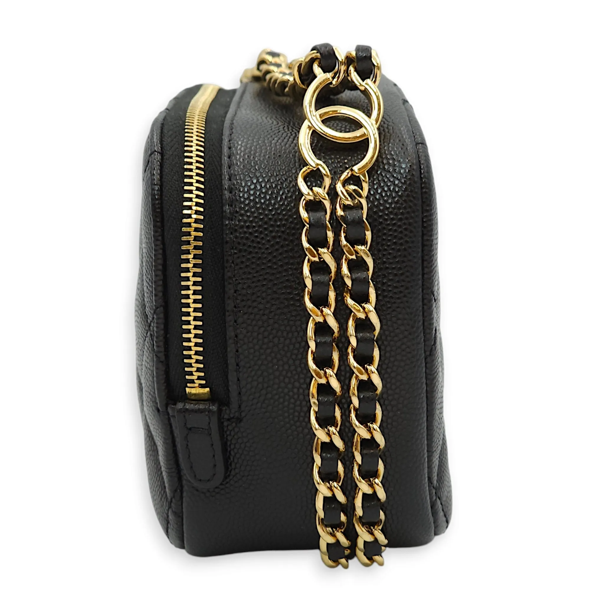 23C Quilted Camera Mini Black Crossbody Bag in Caviar Leather, Gold hardware