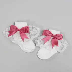 Baby Girl Ankle Socks - White & Dusky Pink Bow