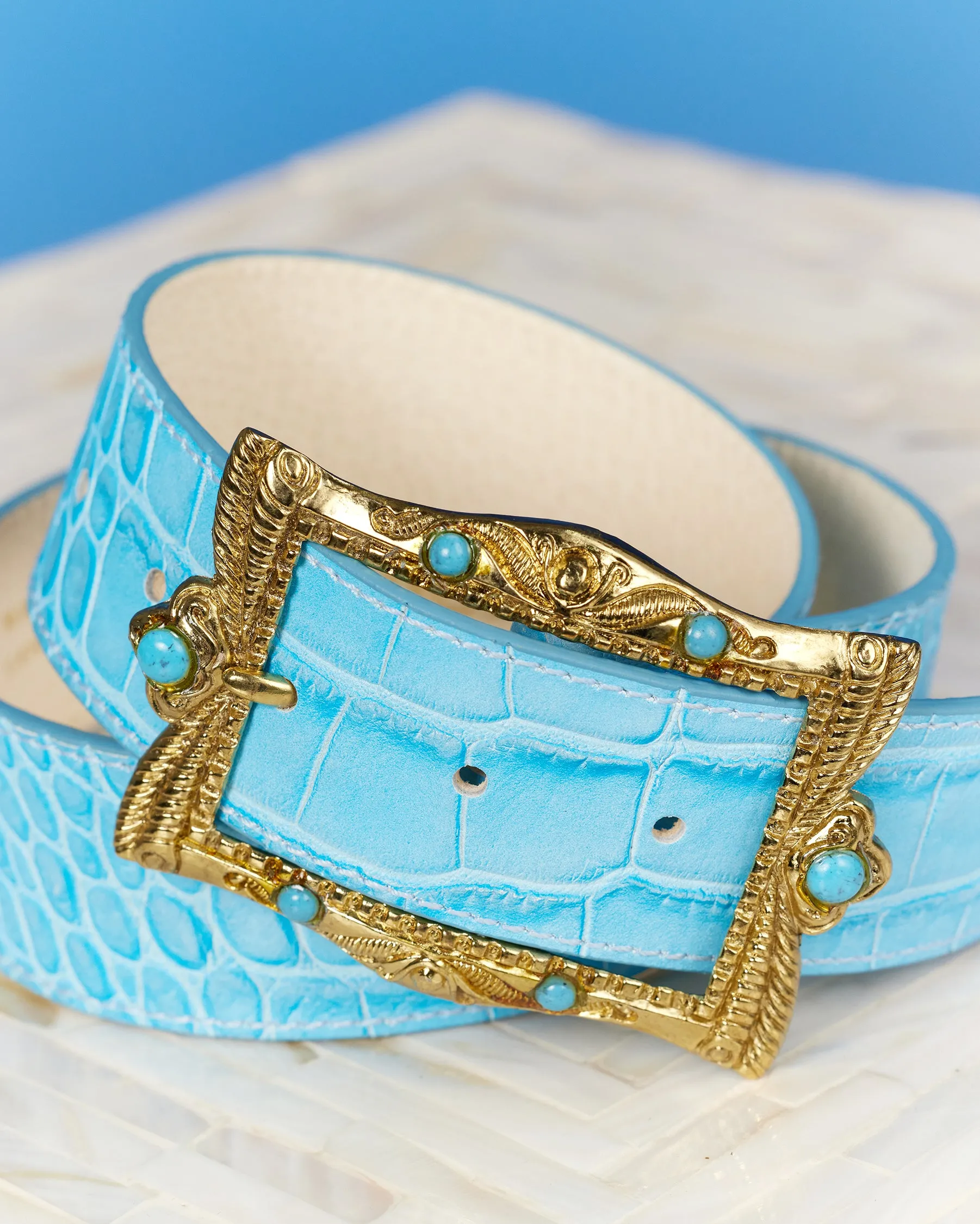 Blair Leather Belt in Croc-Embossed Turquoise