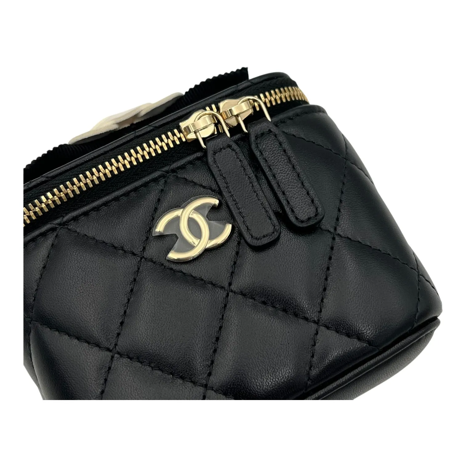 Camellia Vanity Mini Black Crossbody Bag in Lambskin, Gold hardware