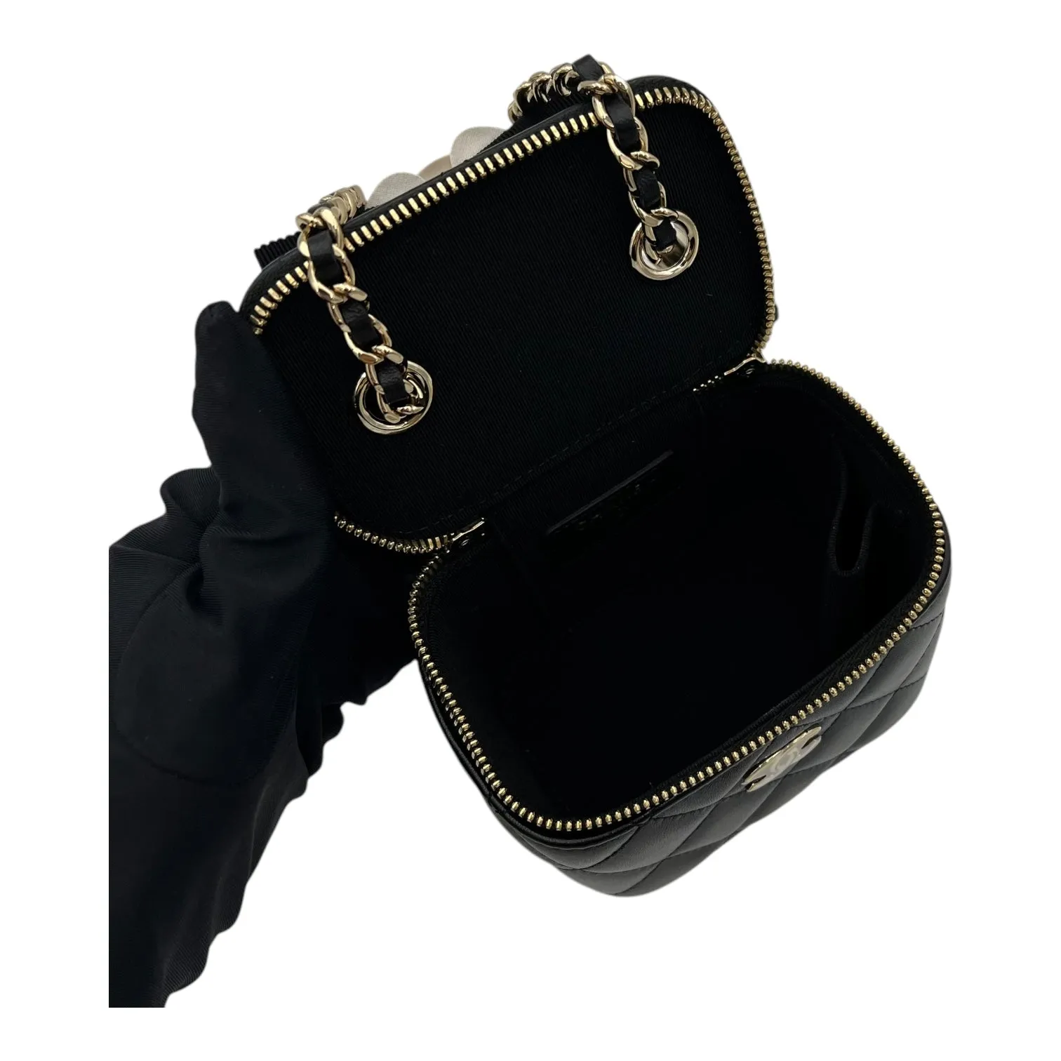 Camellia Vanity Mini Black Crossbody Bag in Lambskin, Gold hardware