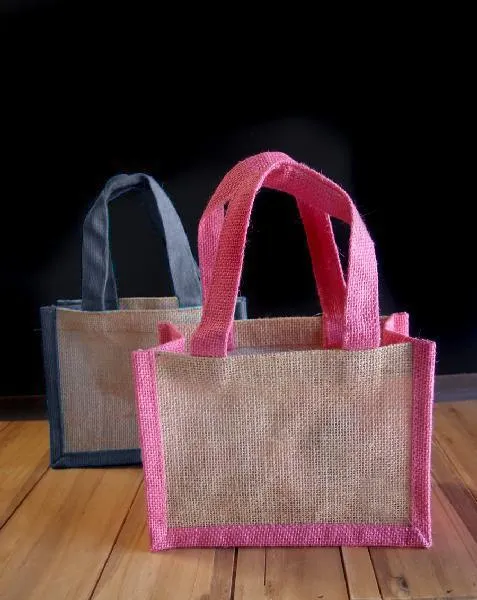 Gusseted Jute Tote Bags with Colored Trim and Handles (2 Available Sizes)