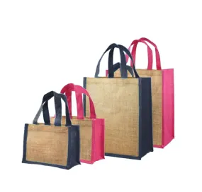 Gusseted Jute Tote Bags with Colored Trim and Handles (2 Available Sizes)