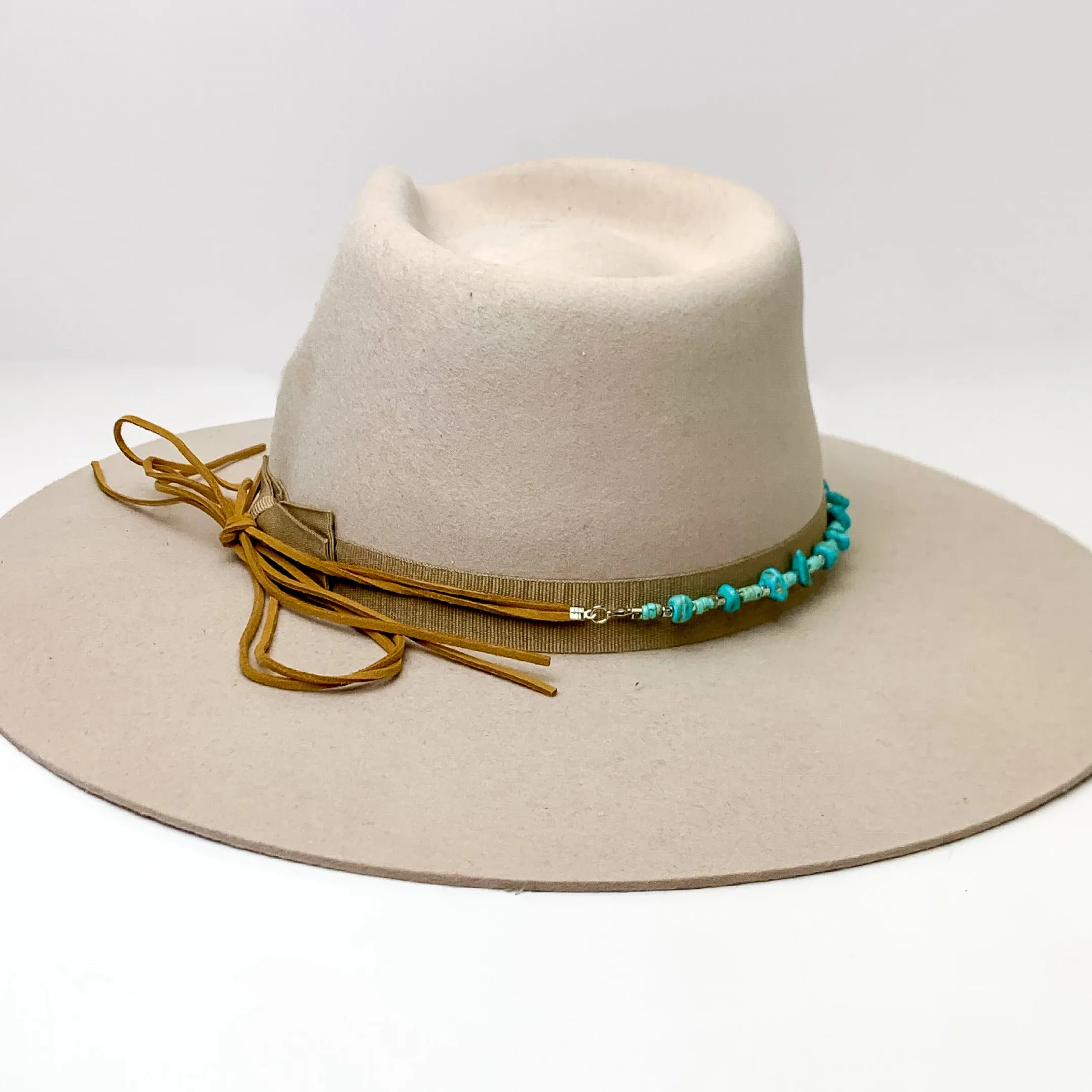 Hat Band With Turquoise Stones and Light Brown Ties