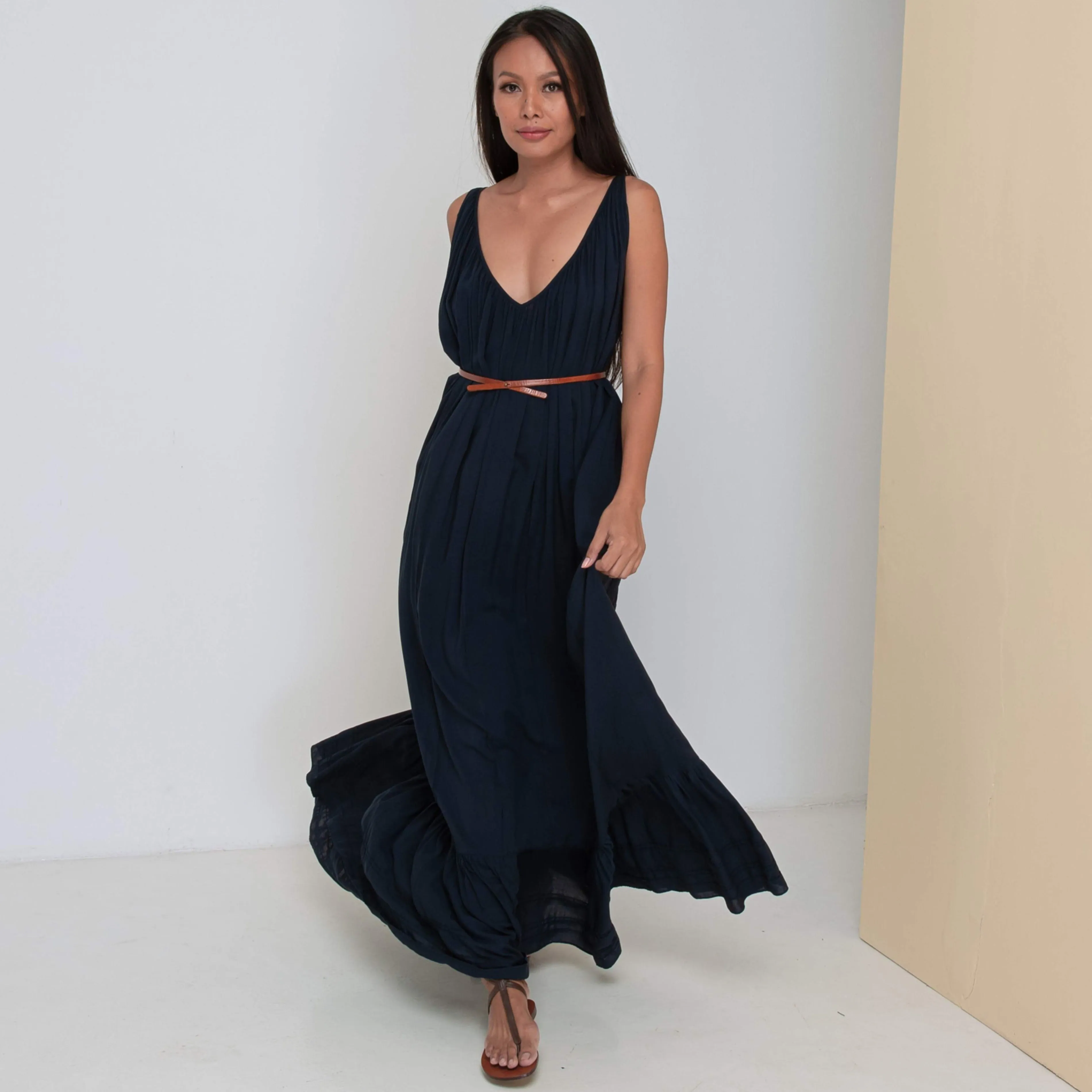 LONG V FLOW DRESS - Rayon Voile | Midnight Blue