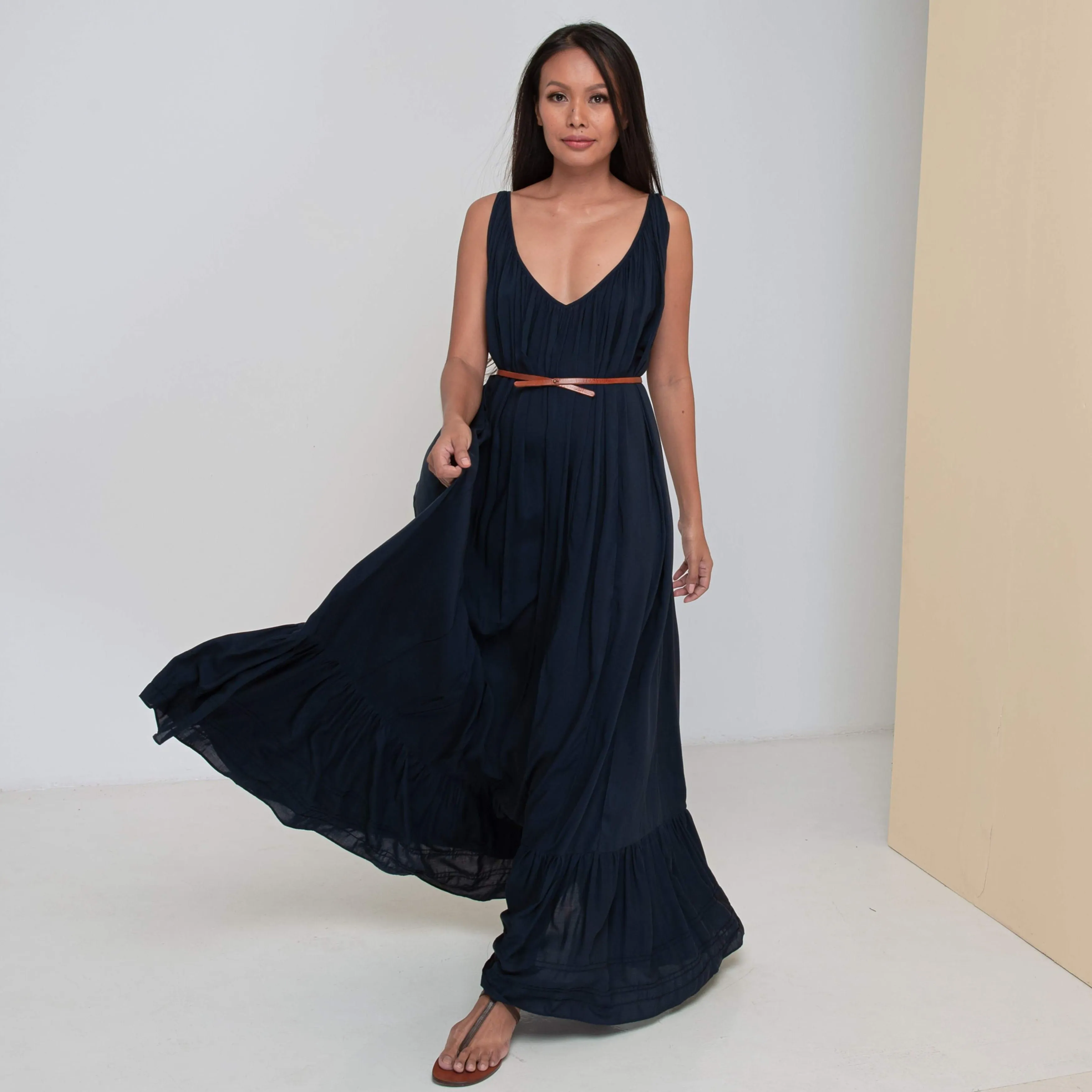 LONG V FLOW DRESS - Rayon Voile | Midnight Blue