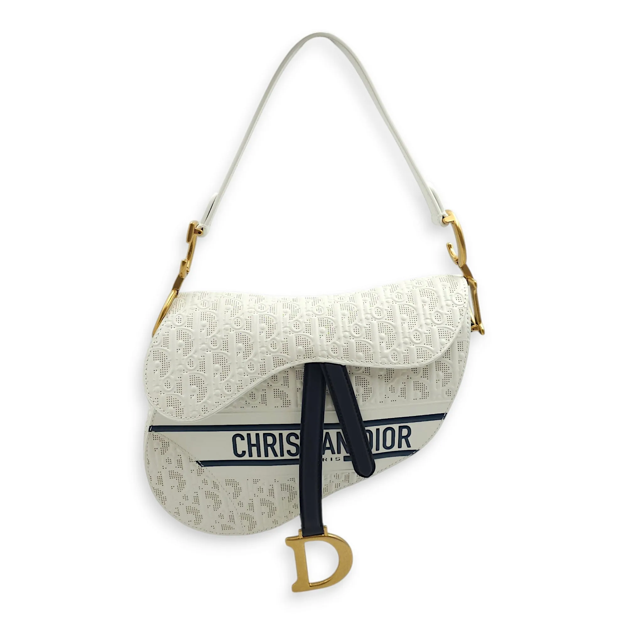 Medium Saddle with Strap Medium White, Dark Blue Crossbody Bag in Oblique Perforated Embossed Calf, Gold hardware