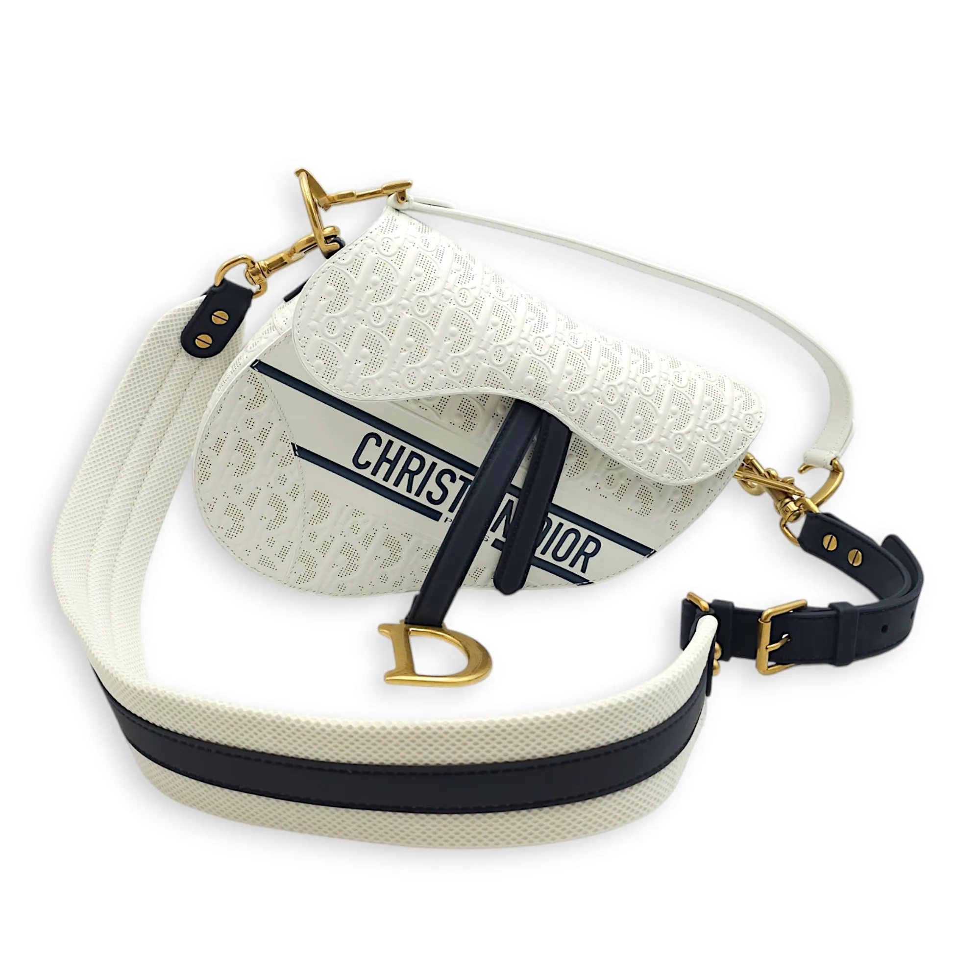 Medium Saddle with Strap Medium White, Dark Blue Crossbody Bag in Oblique Perforated Embossed Calf, Gold hardware