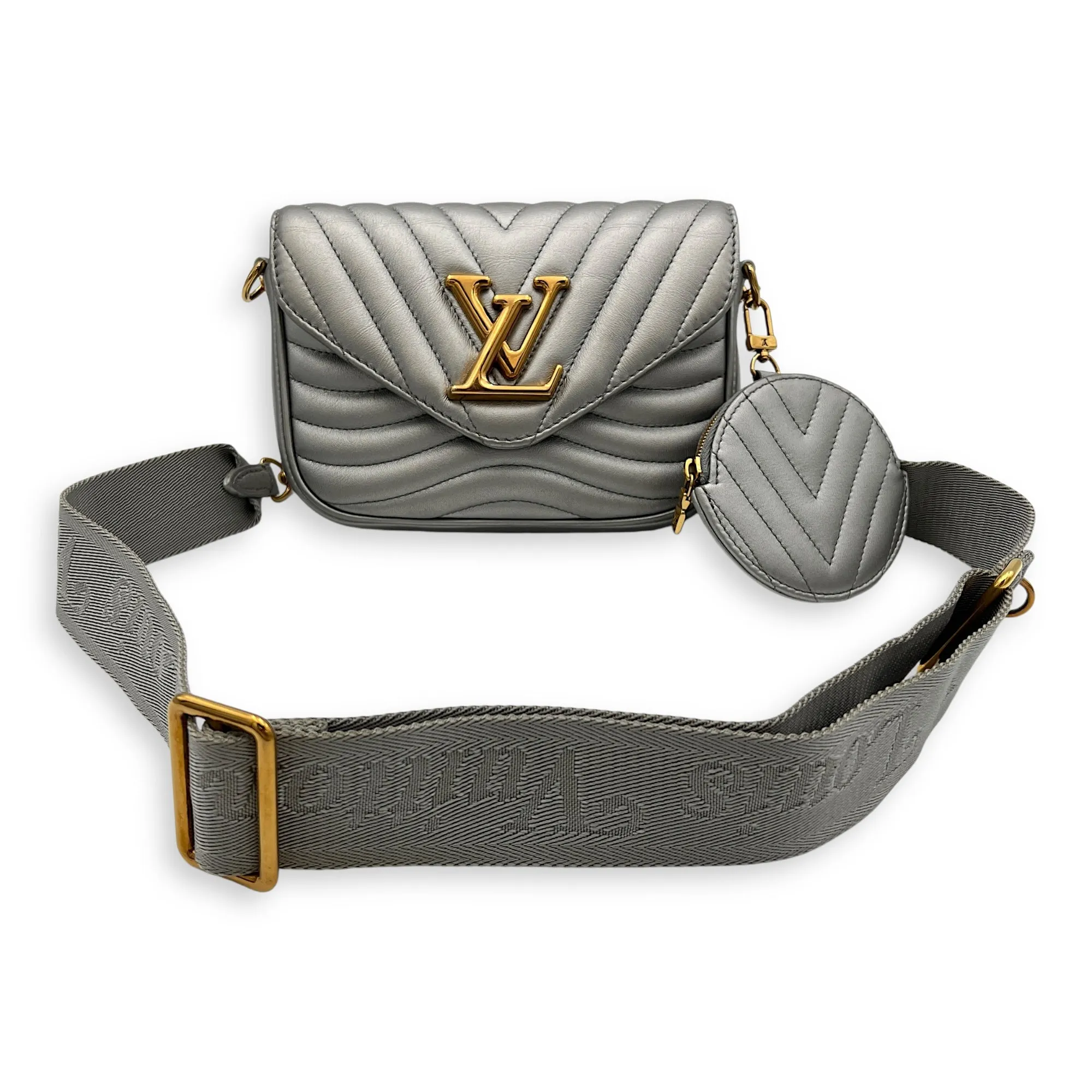 New Wave Multi Pochette Silver Crossbody Bag in Calfskin, Gold hardware