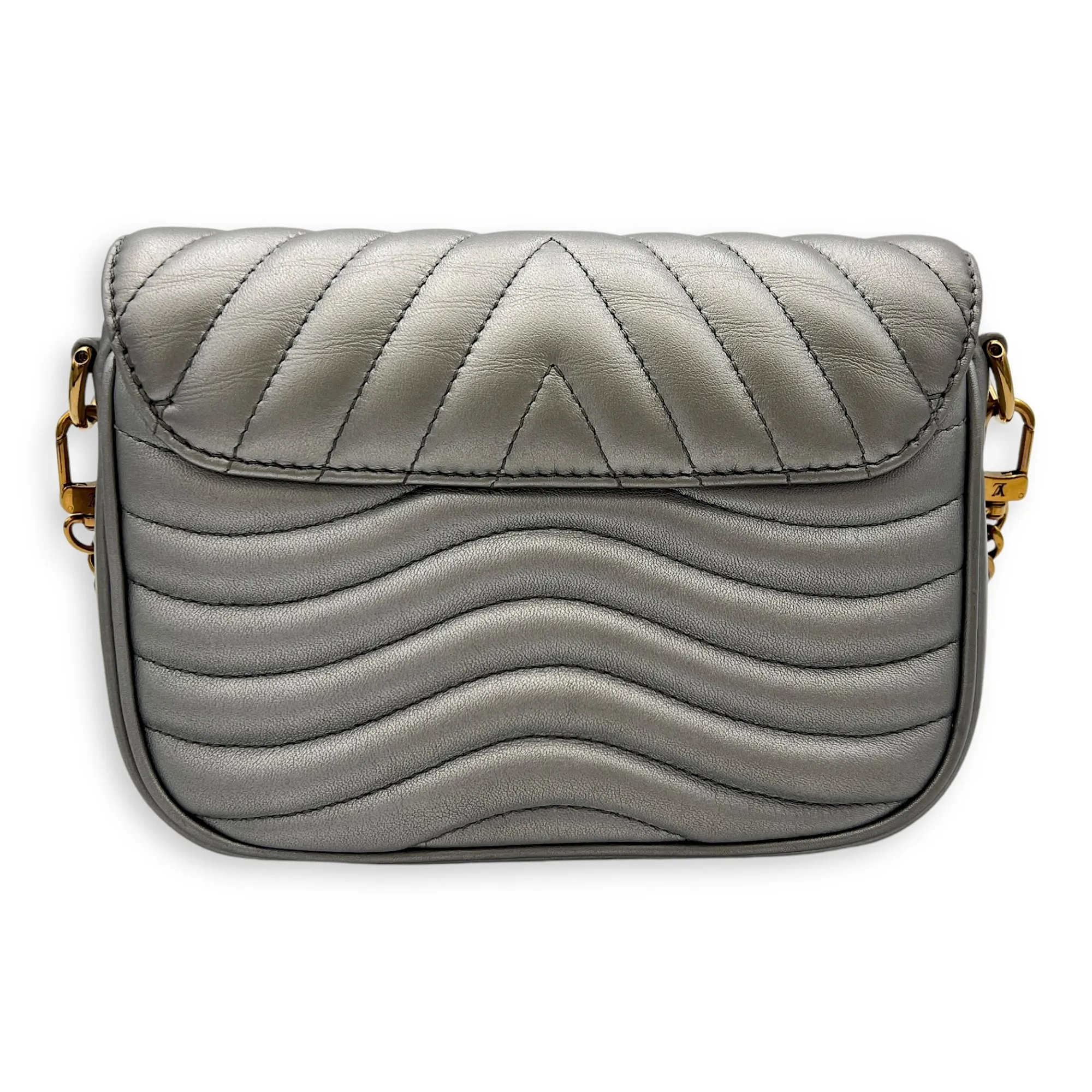 New Wave Multi Pochette Silver Crossbody Bag in Calfskin, Gold hardware