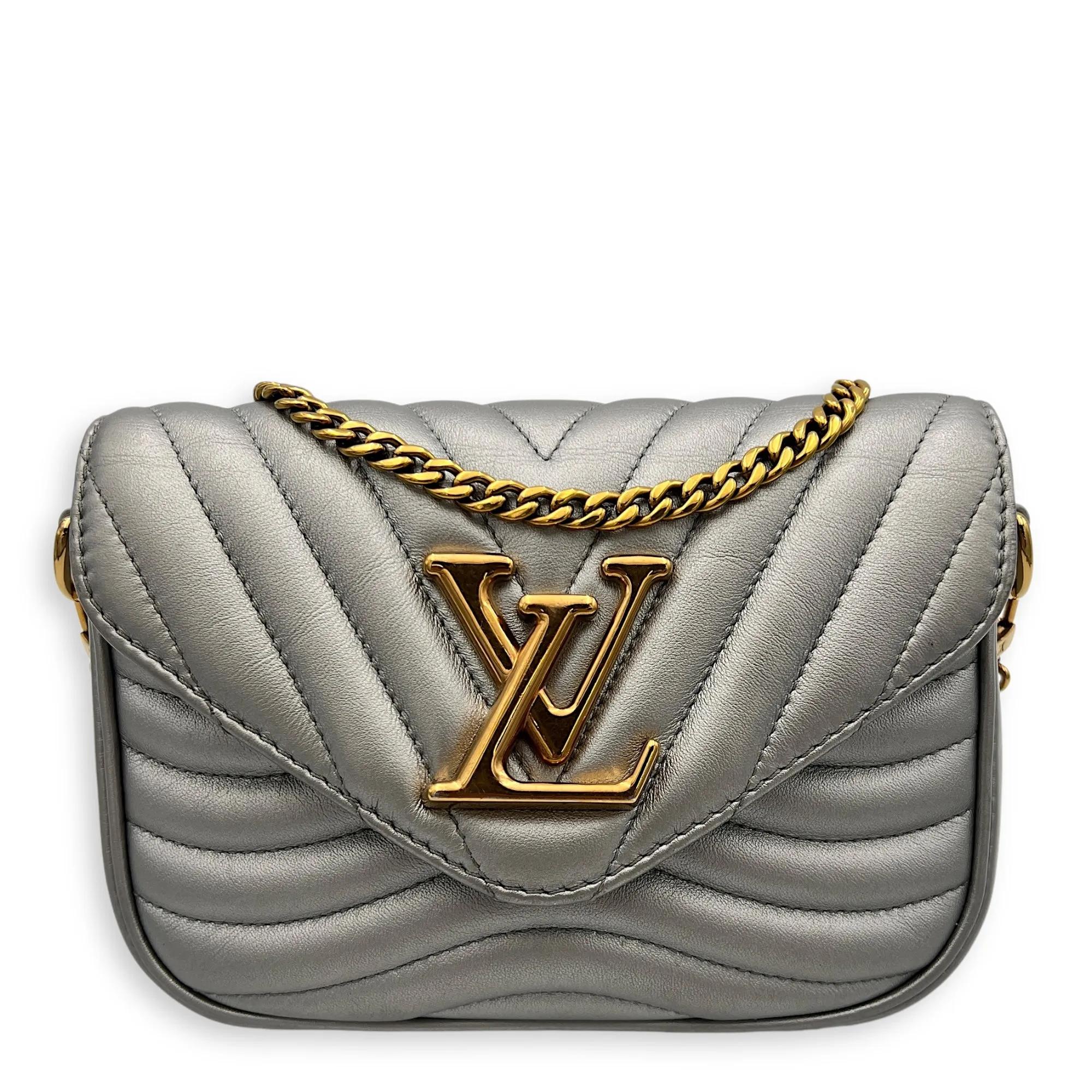 New Wave Multi Pochette Silver Crossbody Bag in Calfskin, Gold hardware