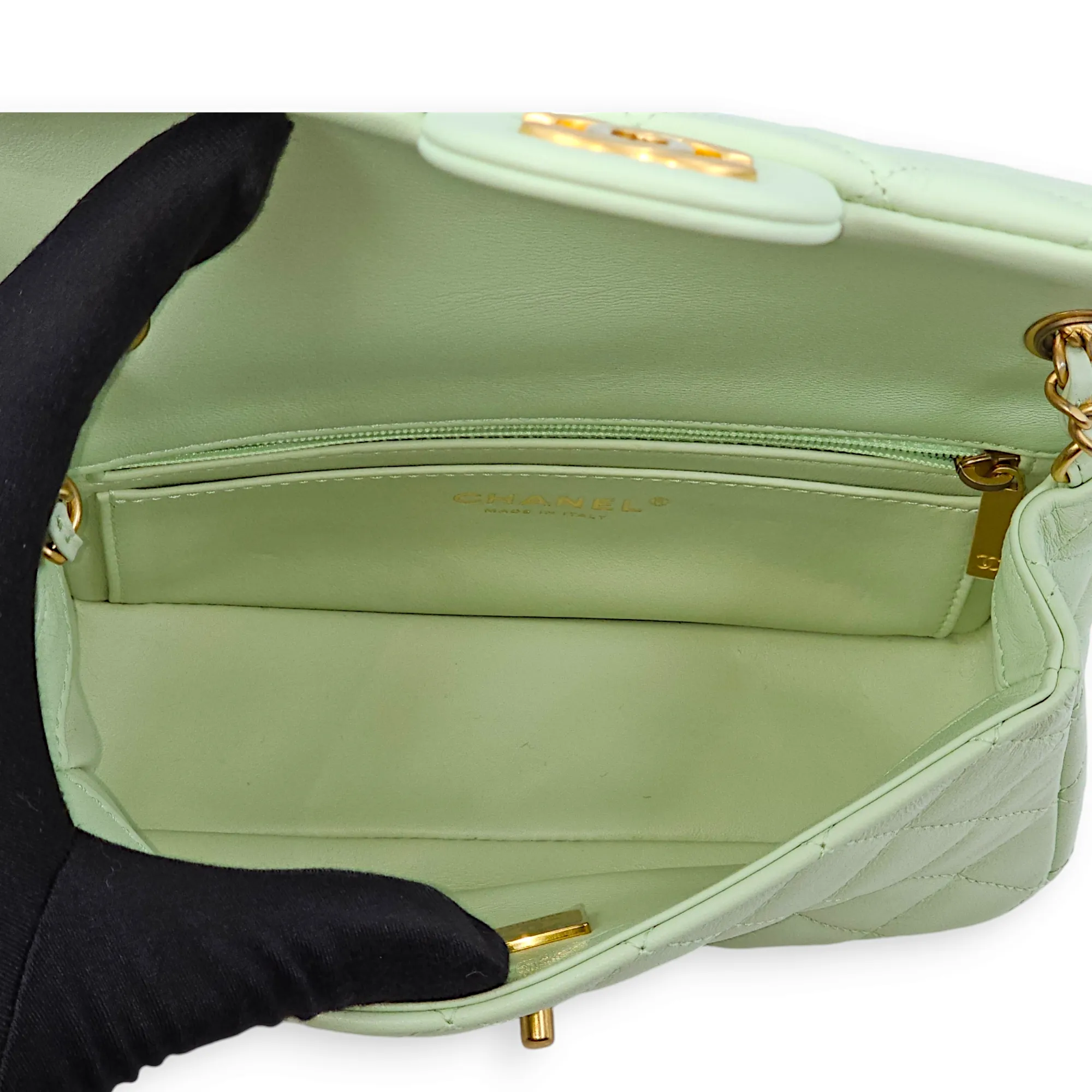 Pearl Crush Rectangle Mini Light Green Crossbody Bag in Lambskin, Gold hardware