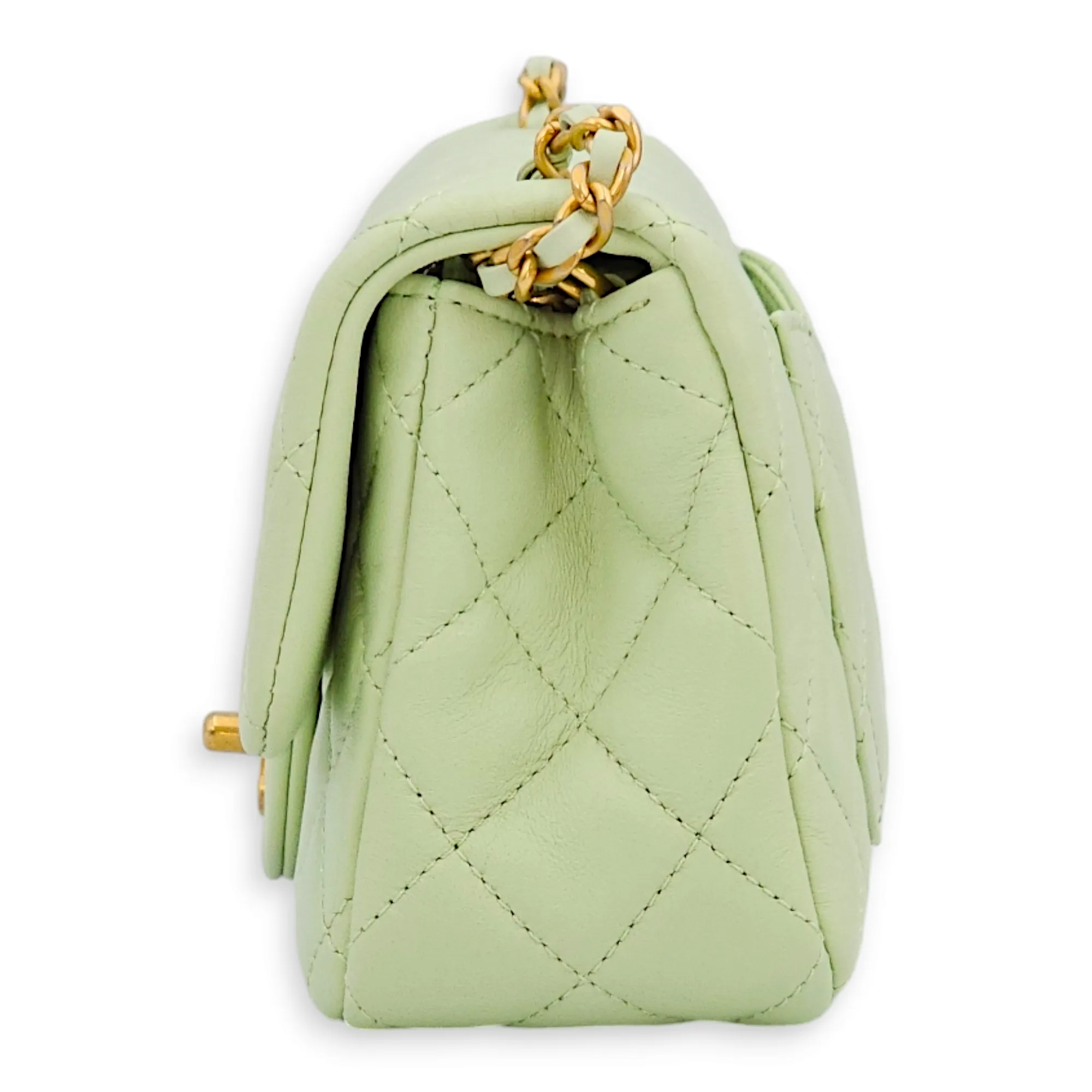 Pearl Crush Rectangle Mini Light Green Crossbody Bag in Lambskin, Gold hardware