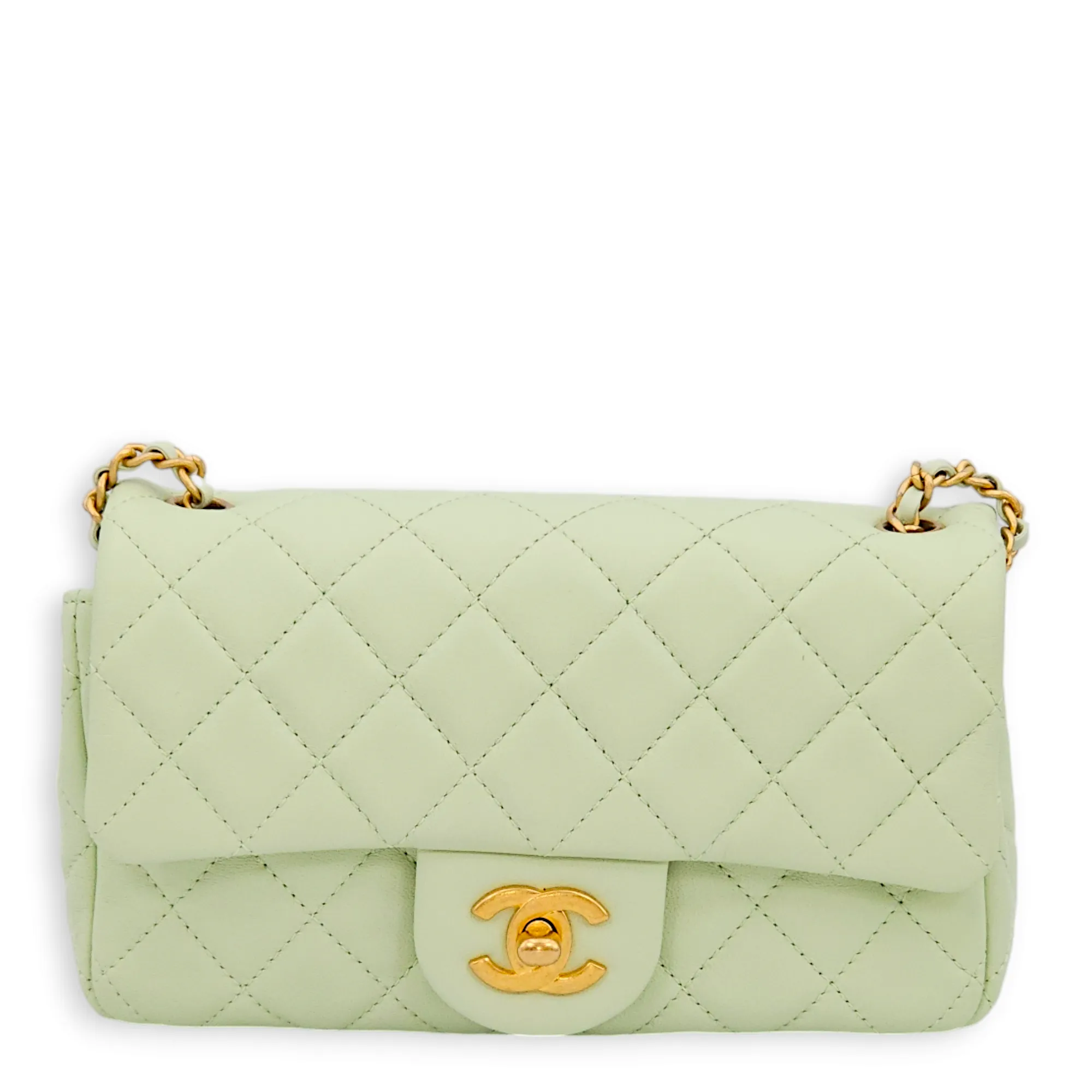 Pearl Crush Rectangle Mini Light Green Crossbody Bag in Lambskin, Gold hardware