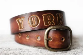 Personalized Leather Belt in Antiqued Sunburst Brown