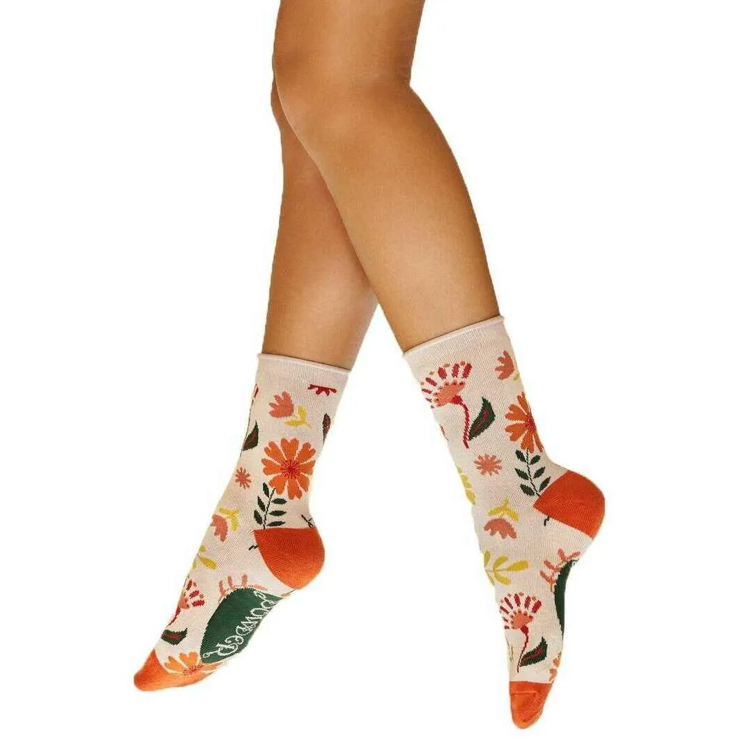 Powder Water Colour Flowers Ankle Socks - Cream