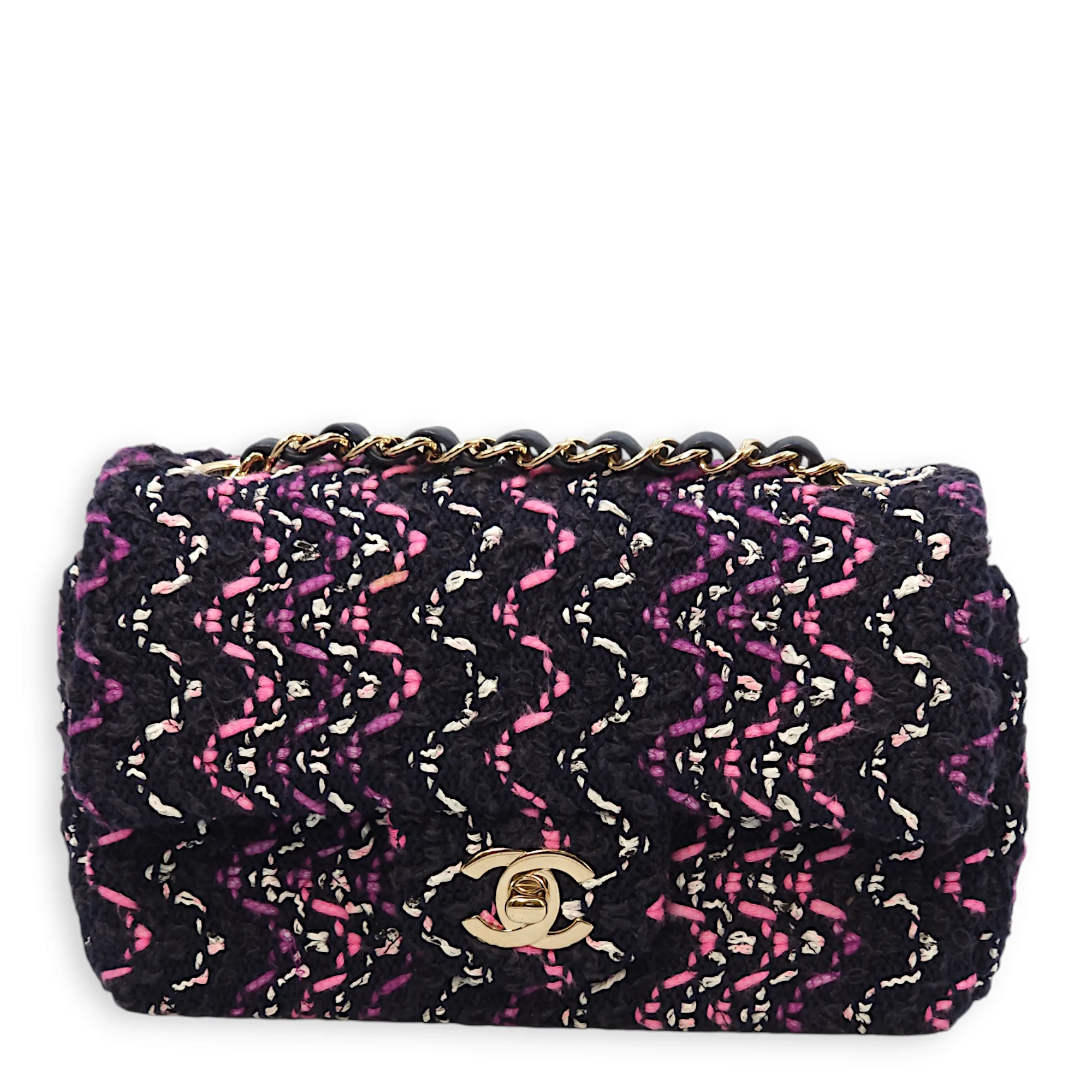 Rectangle Mini Purple, Pink, White Crossbody Bag in Tweed, Gold hardware