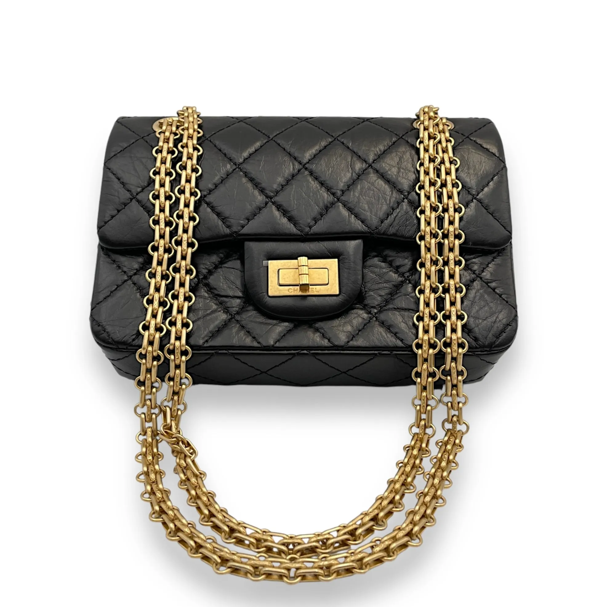 Reissue Flap Mini Black Crossbody Bag in Distressed Leather, Gold hardware