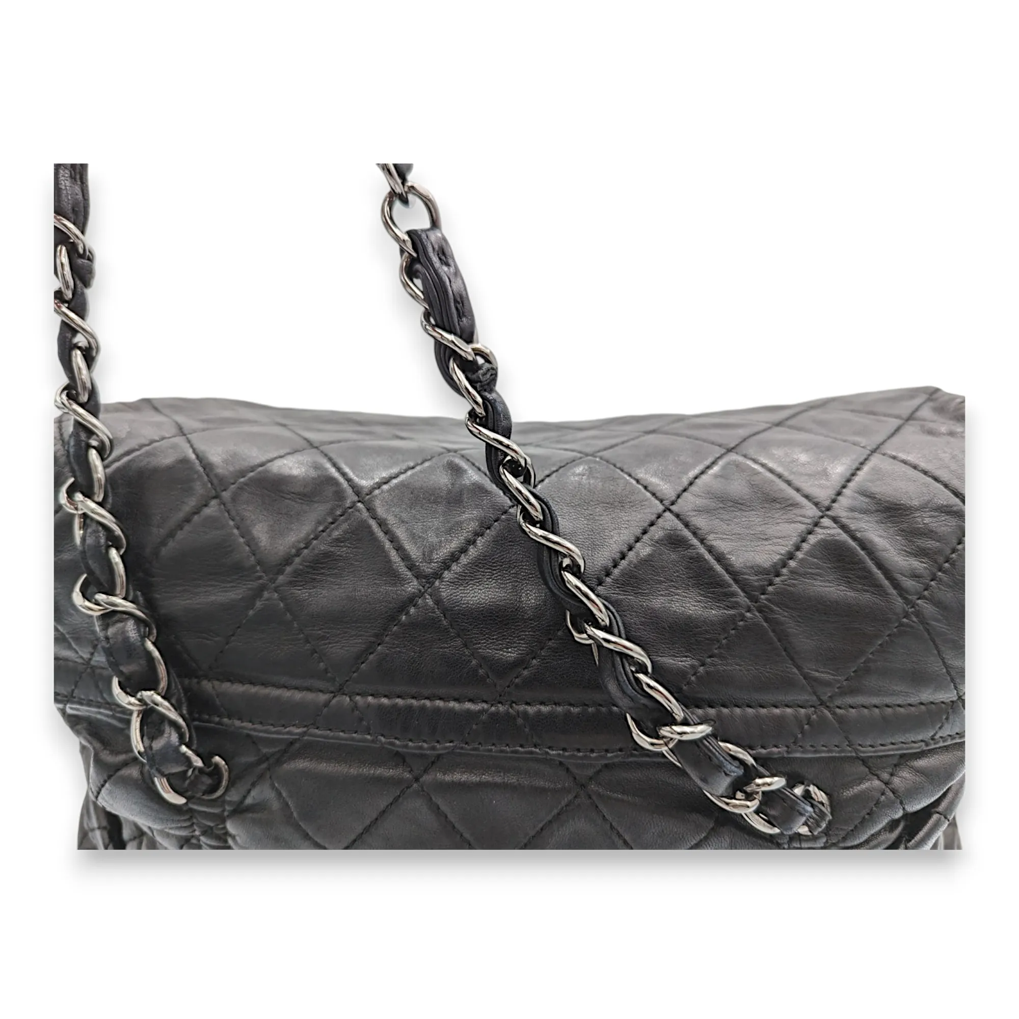 Rouched Black Tote Bag in Lambskin, Silver hardware