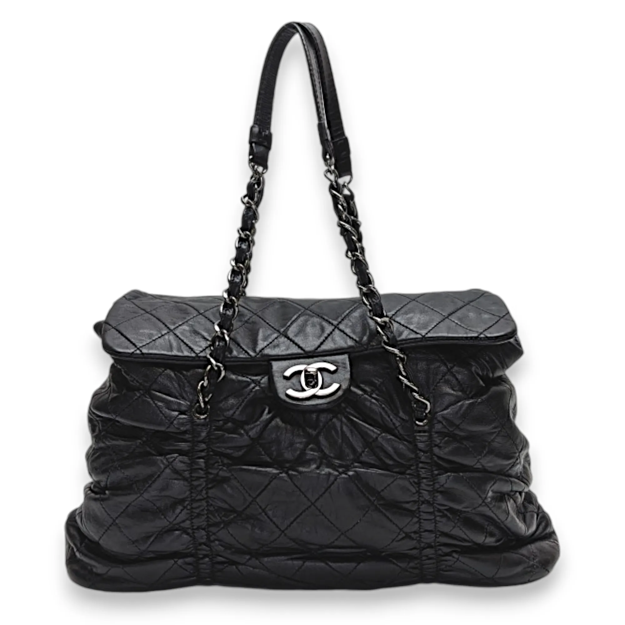 Rouched Black Tote Bag in Lambskin, Silver hardware