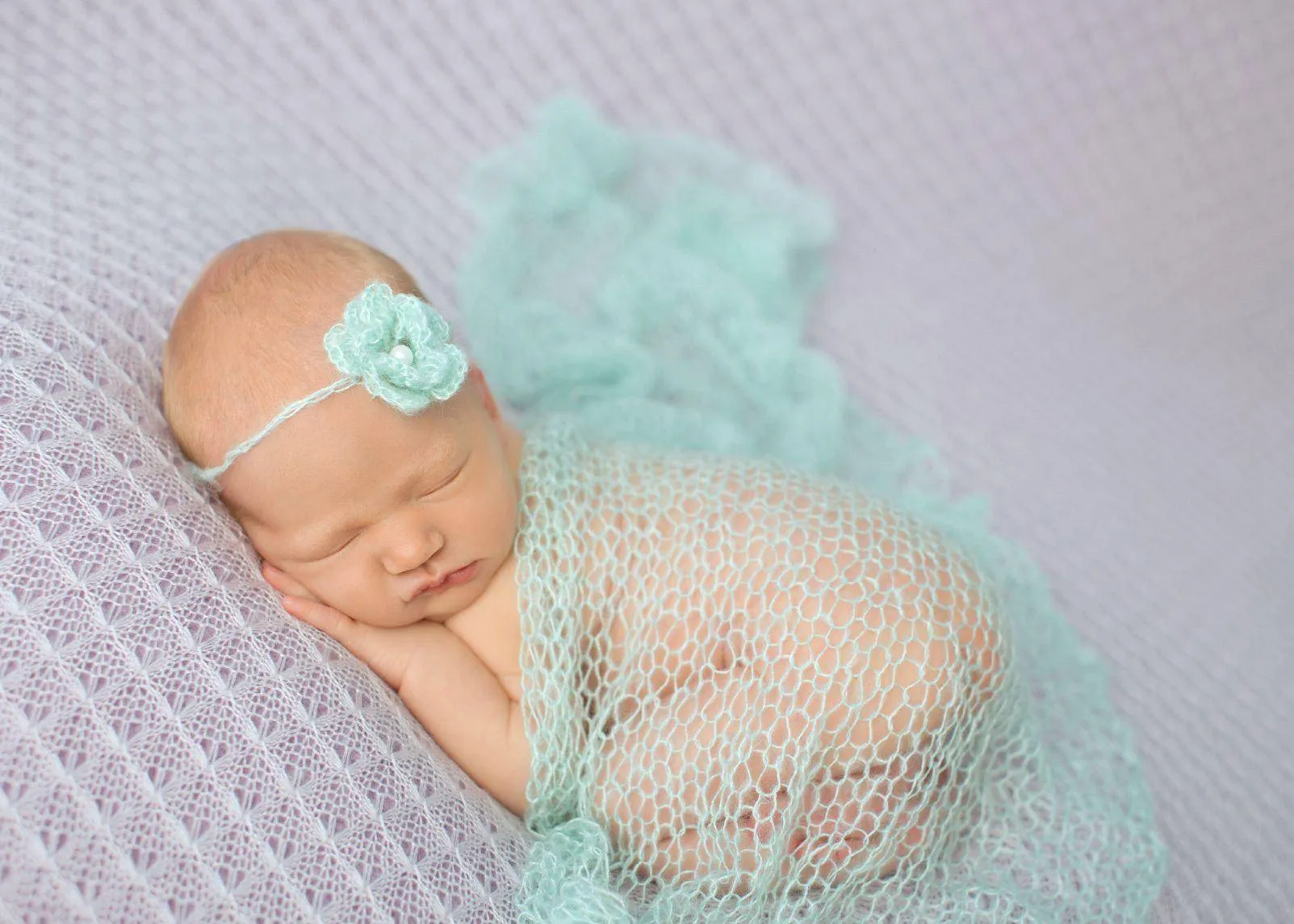 SET Baby Blue Mohair Knit Baby Wrap and Headband