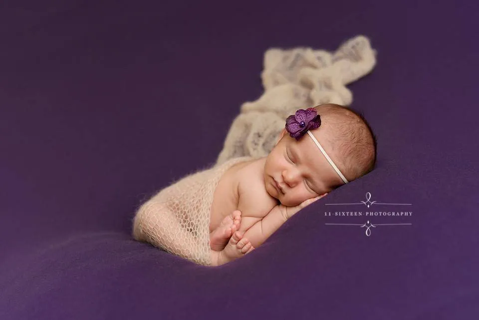 SET Beige Mohair Knit Baby Wrap and Purple Flower Headband