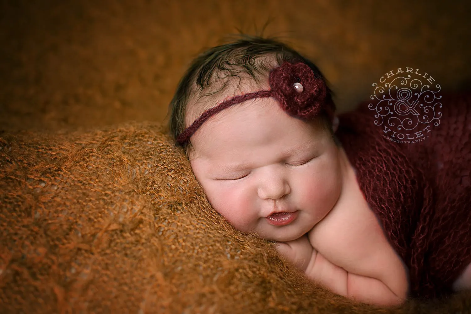 SET Dark Burgundy Red Mohair Knit Baby Wrap and Headband