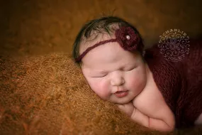 SET Dark Burgundy Red Mohair Knit Baby Wrap and Headband