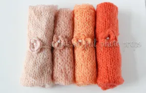 SET Peach Orange Coral Tones Mohair Knit Baby Wrap and Headband