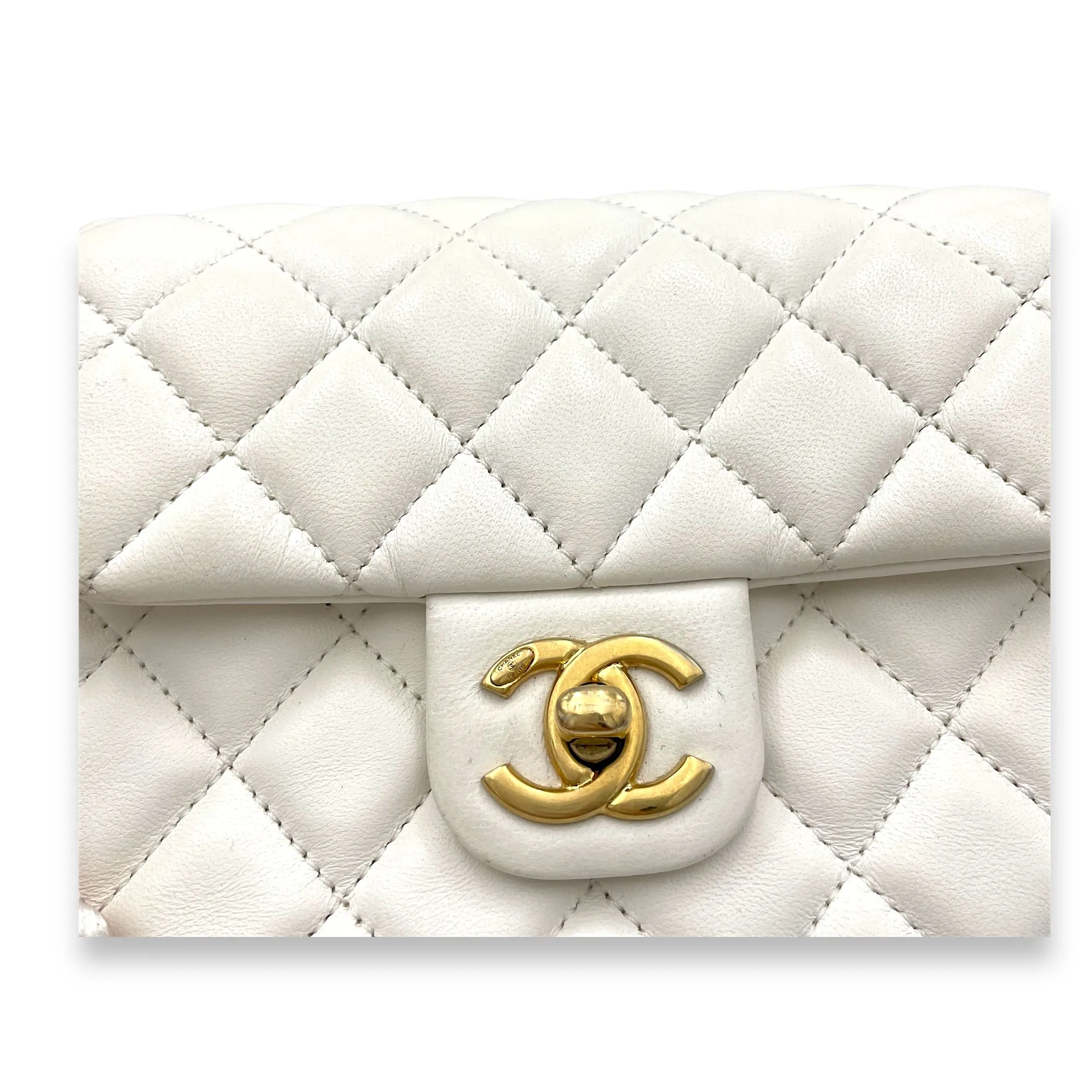 Square Bag Mini White Crossbody Bag in Lambskin, Gold hardware