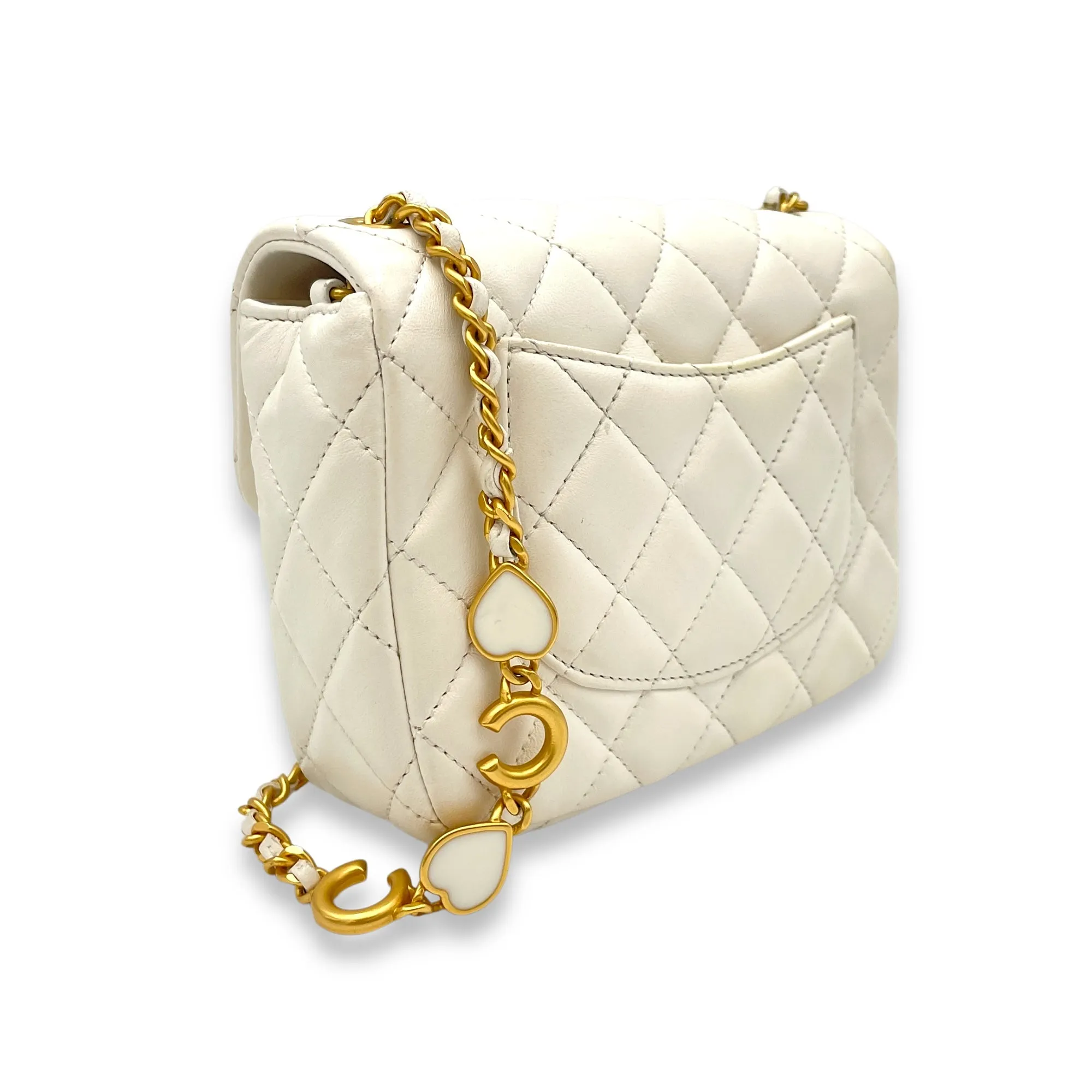 Square Bag Mini White Crossbody Bag in Lambskin, Gold hardware