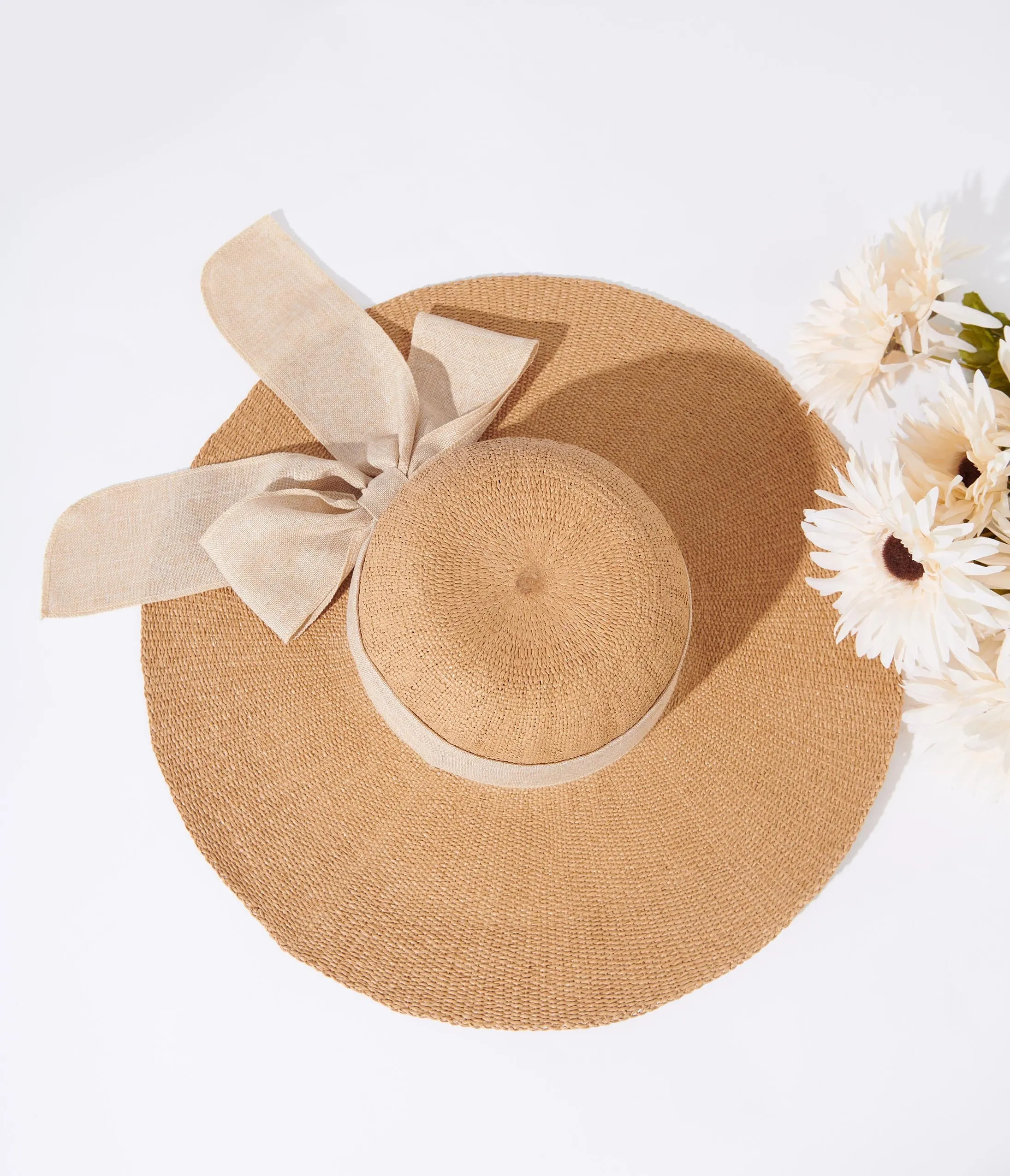 Tan & Beige Bow Toyo Braid Sun Hat